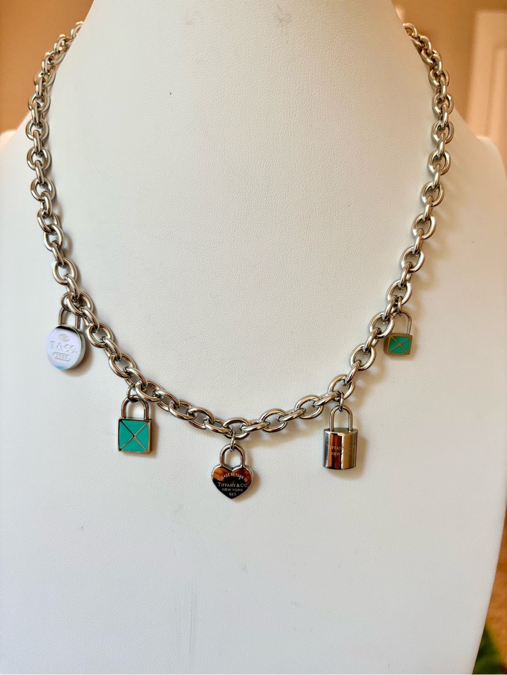 Stainless Steel Padlock Charm Necklace with Turquoise Accents